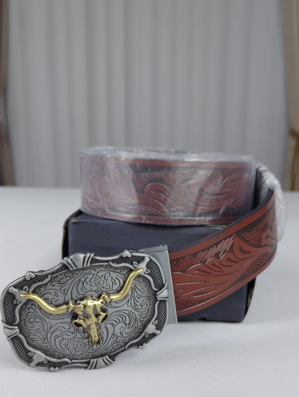 Belt Road Brown Tooled Leather Western Belt with Longhorn Buckle